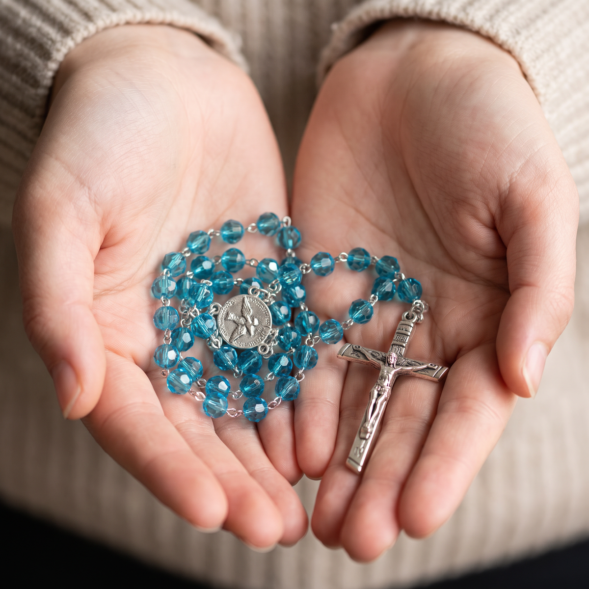 Handmade Glass Traditional Catholic Rosary - Aquamarine