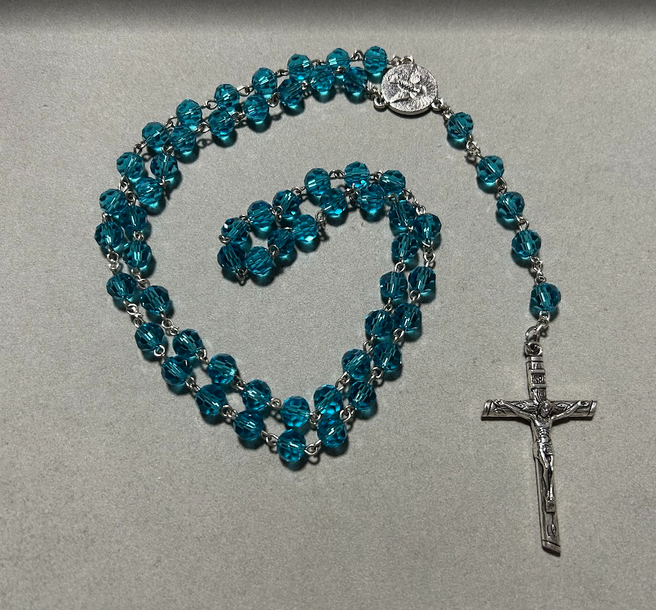 Handmade Glass Traditional Catholic Rosary - Aquamarine