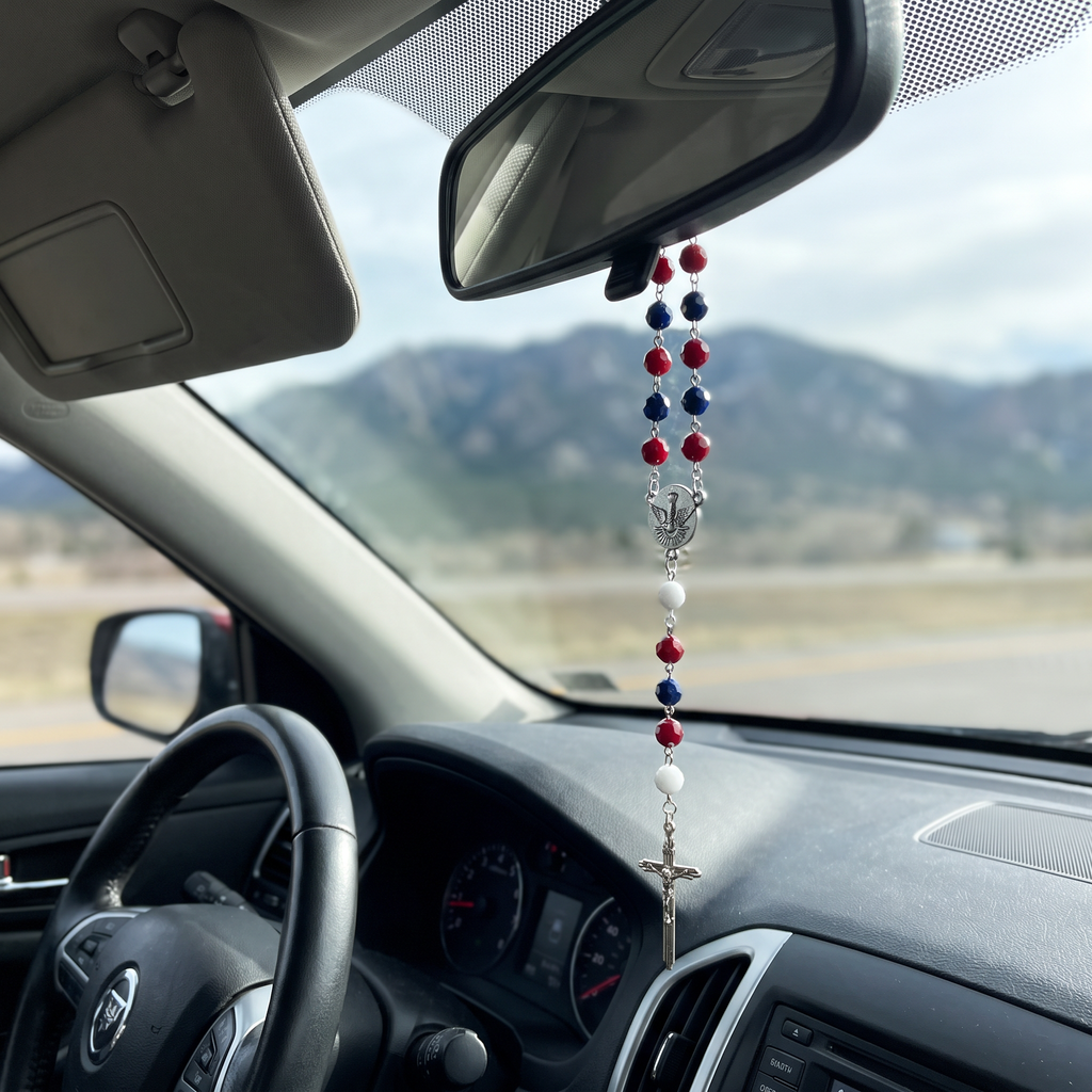 Handmade Faceted Catholic Rosary - Modern Design for Cars - Colorado Avalanche