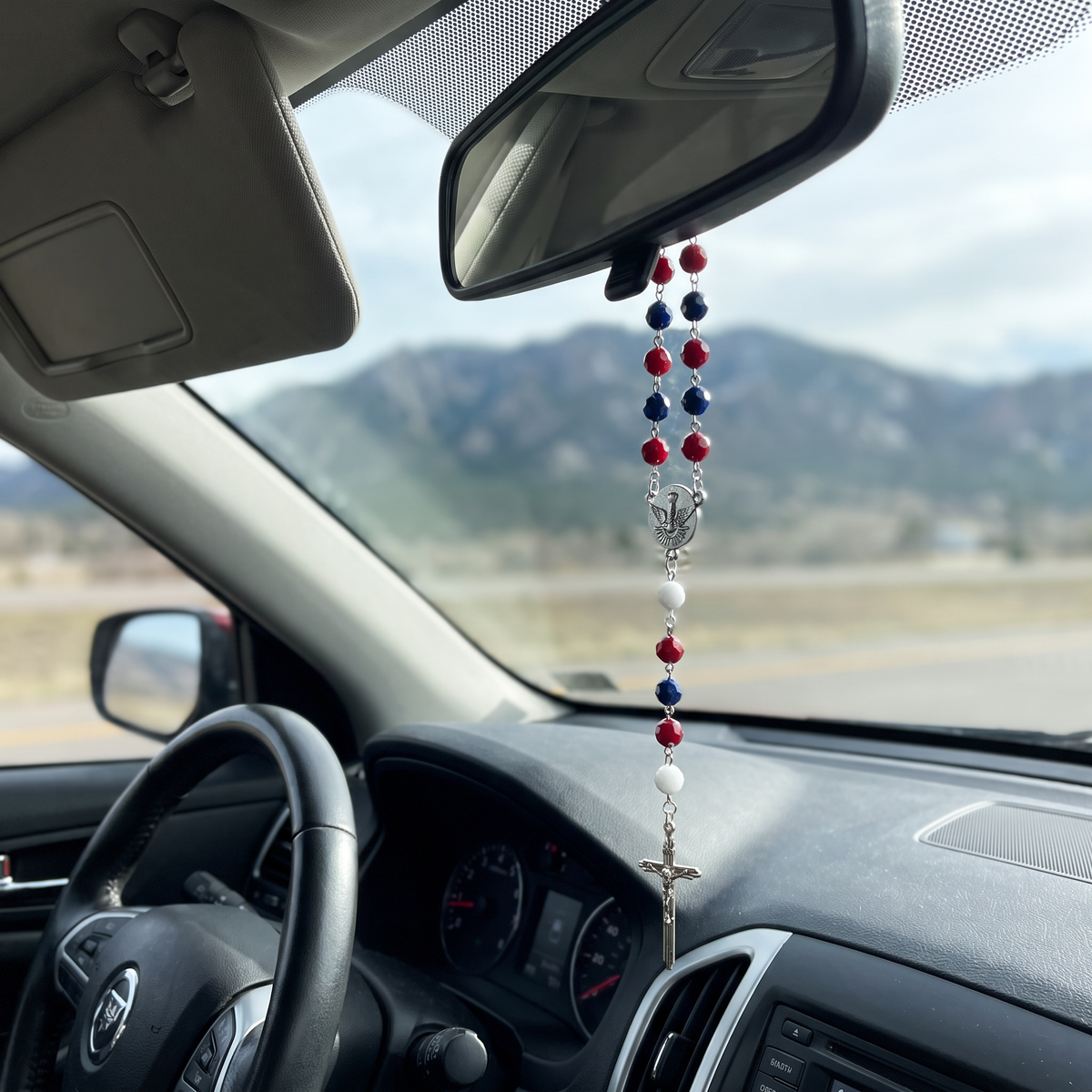 Handmade Faceted Catholic Rosary - Modern Design for Cars - Colorado Avalanche