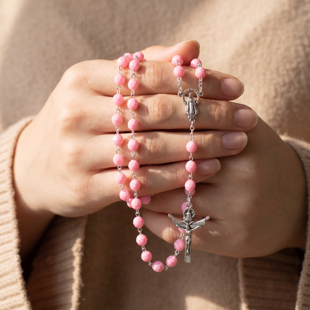 Handmade Faceted Traditional Catholic Rosary - Baby Pink