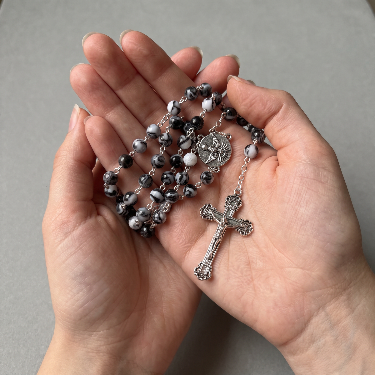 Handmade Marble Style Traditional Catholic Rosary - Black Swirl