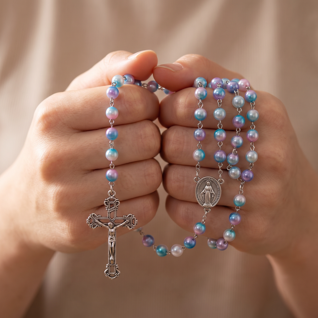 Handmade Pearl Style Catholic Rosary - Modern Design for Cars - Blue/Pink