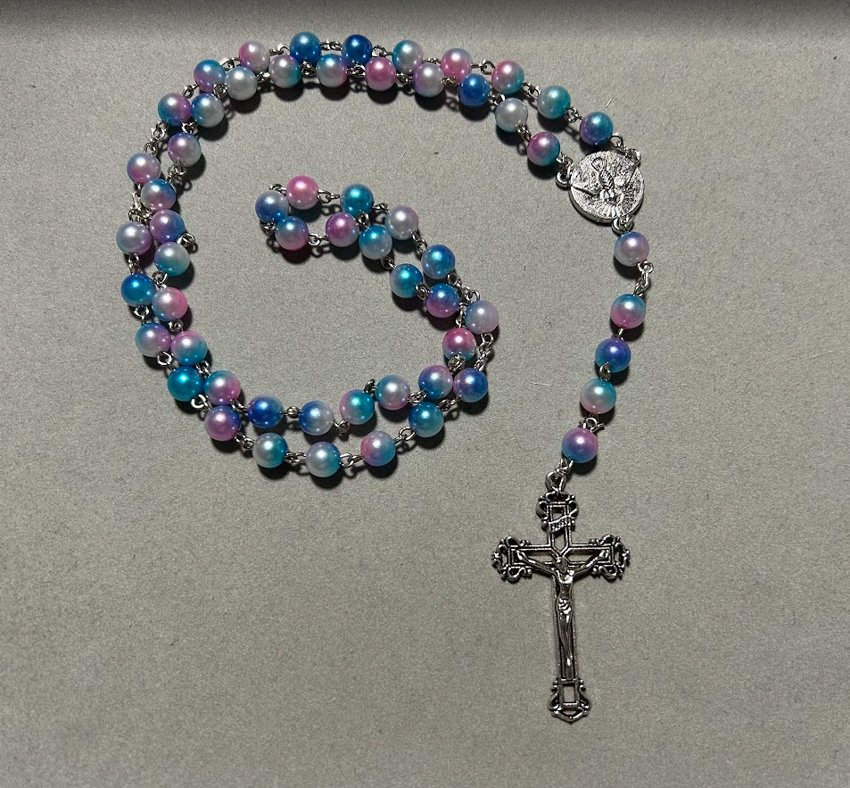 Handmade Pearl Style Catholic Rosary - Modern Design for Cars - Blue/Pink