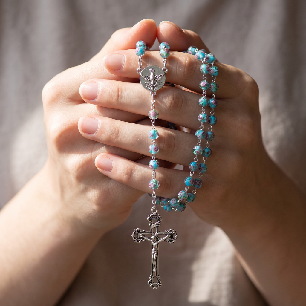 Handmade Glass Traditional Catholic Rosary - Blue Rose