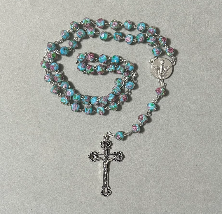 Handmade Glass Traditional Catholic Rosary - Blue Rose