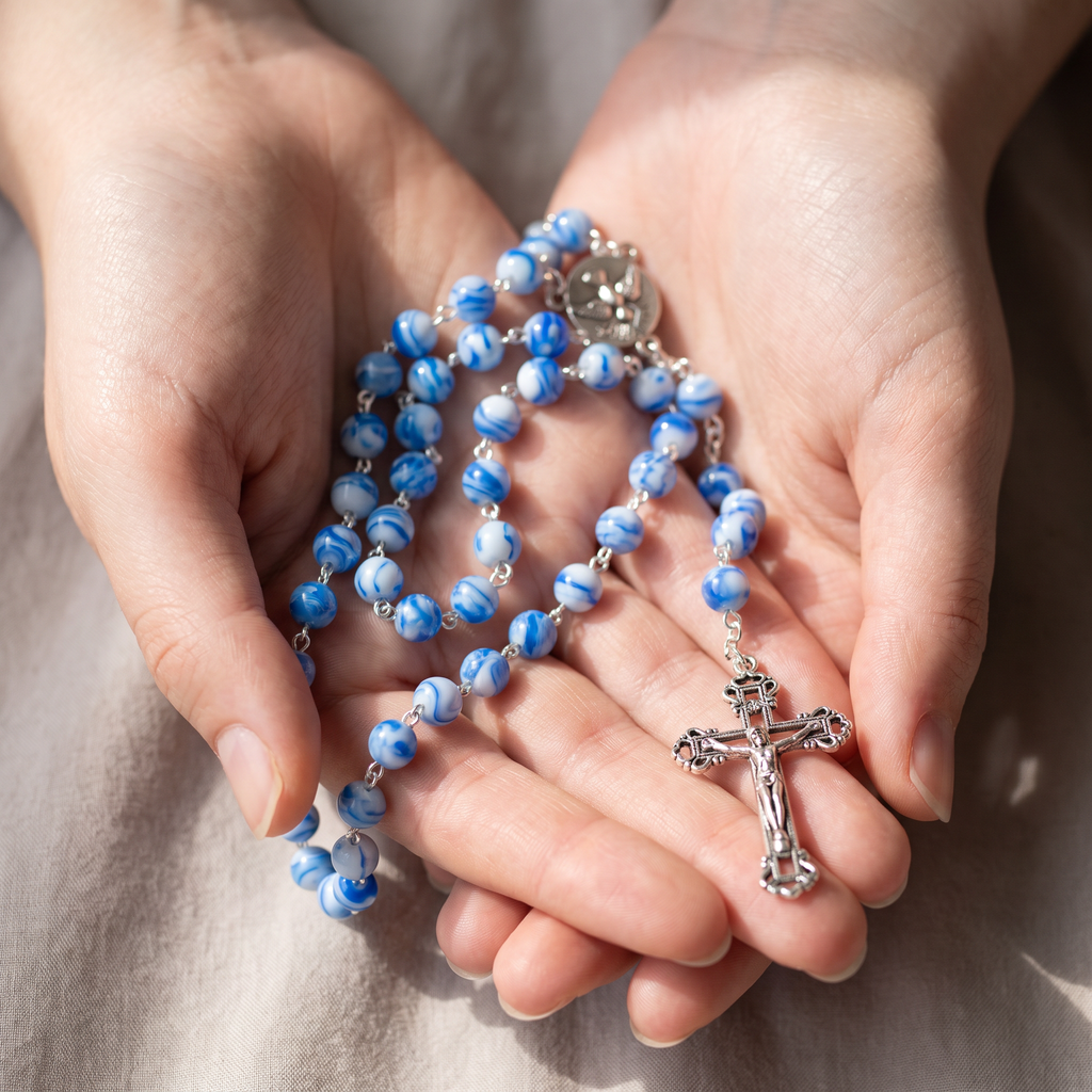 Handmade Marble Style Catholic Rosary - Modern Design for Cars - Blue Swirl
