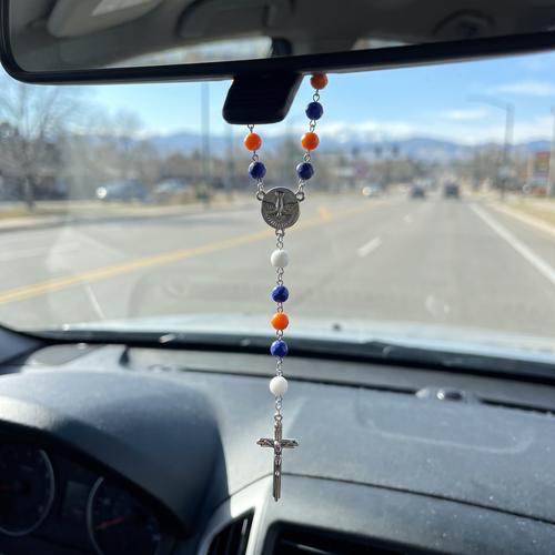 Handmade Faceted Catholic Rosary - Modern Design for Cars - Denver Broncos