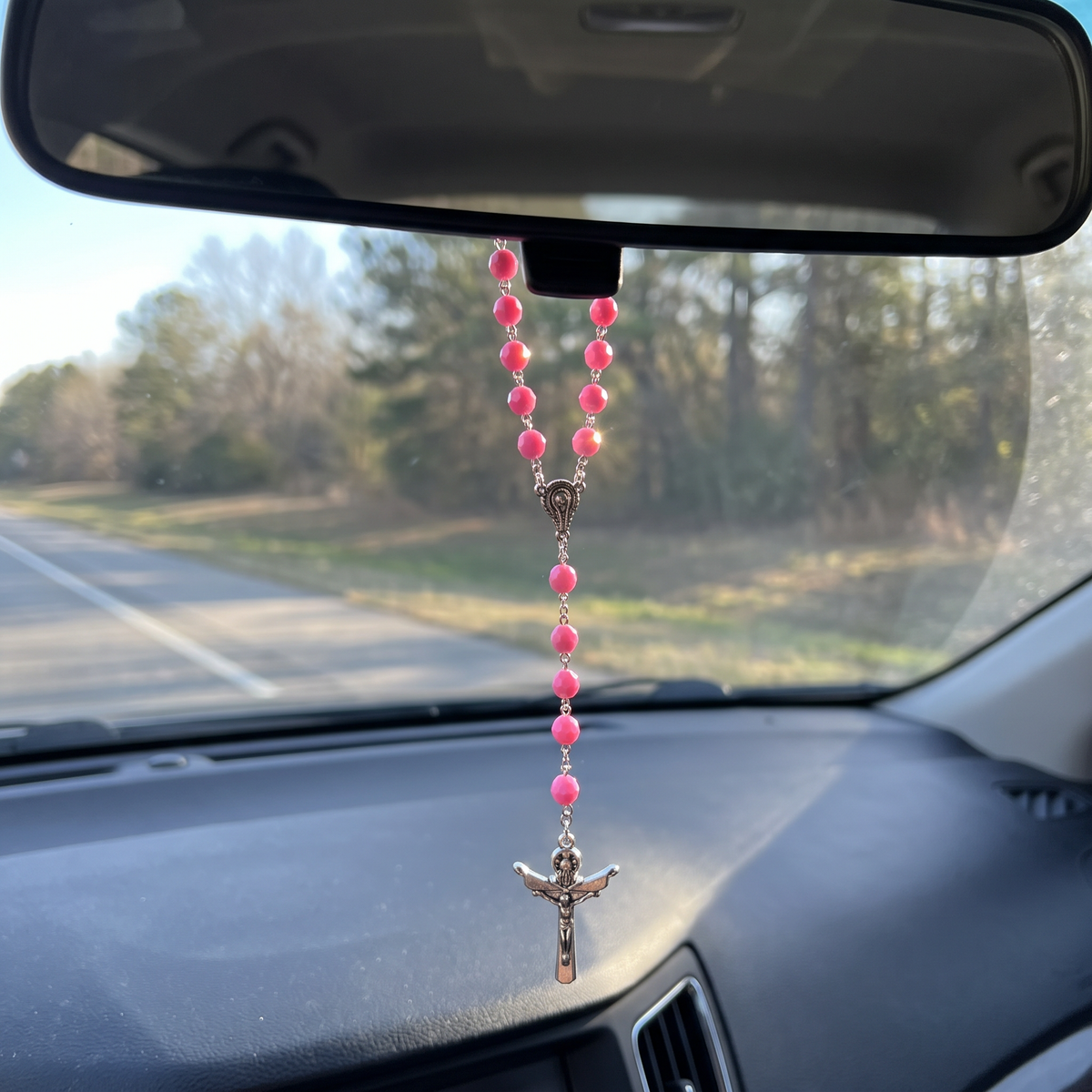 Handmade Faceted Catholic Rosary - Modern Design for Cars - Bubblegum Pink