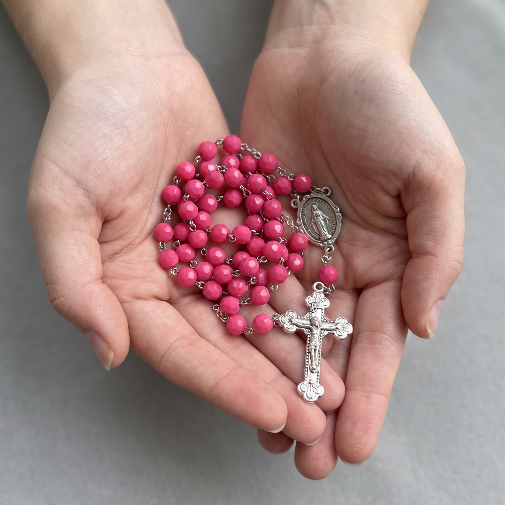 Handmade Faceted Traditional Catholic Rosary - Dark Pink