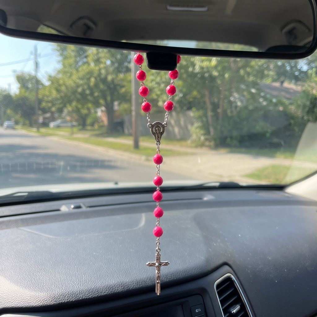 Handmade Faceted Catholic Rosary - Modern Design for Cars - Dark Pink