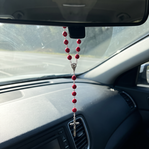 Handmade Faceted Catholic Rosary - Modern Design for Cars - Dark Red