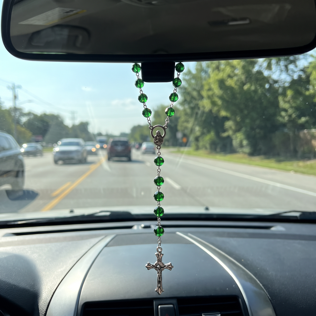 Handmade Faceted Catholic Rosary - Modern Design for Cars - Emerald