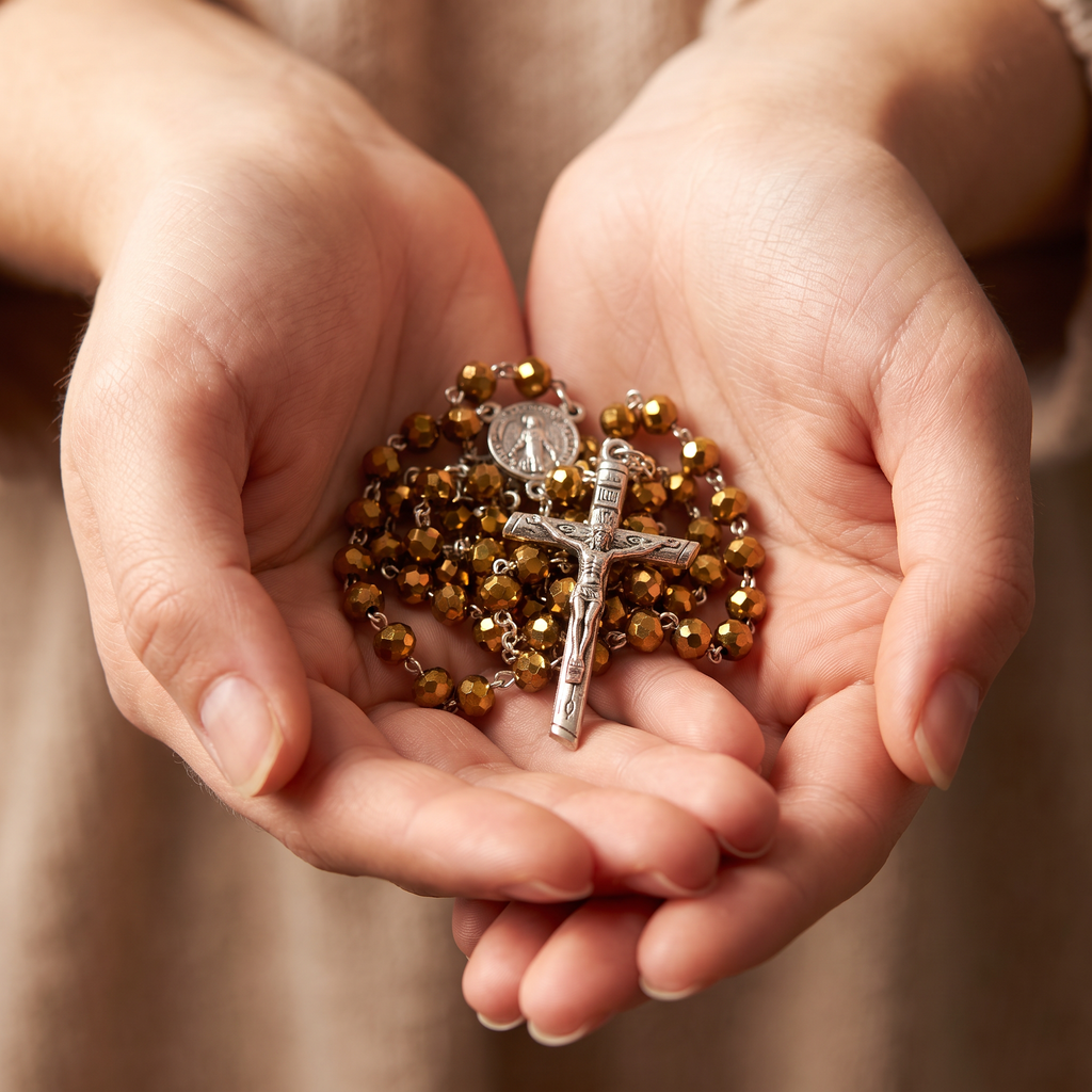 Handmade Glass Traditional Catholic Rosary - Gold