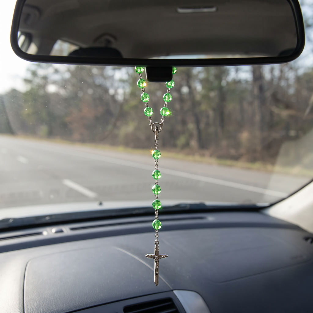 Handmade Faceted Catholic Rosary - Modern Design for Cars - Green #2
