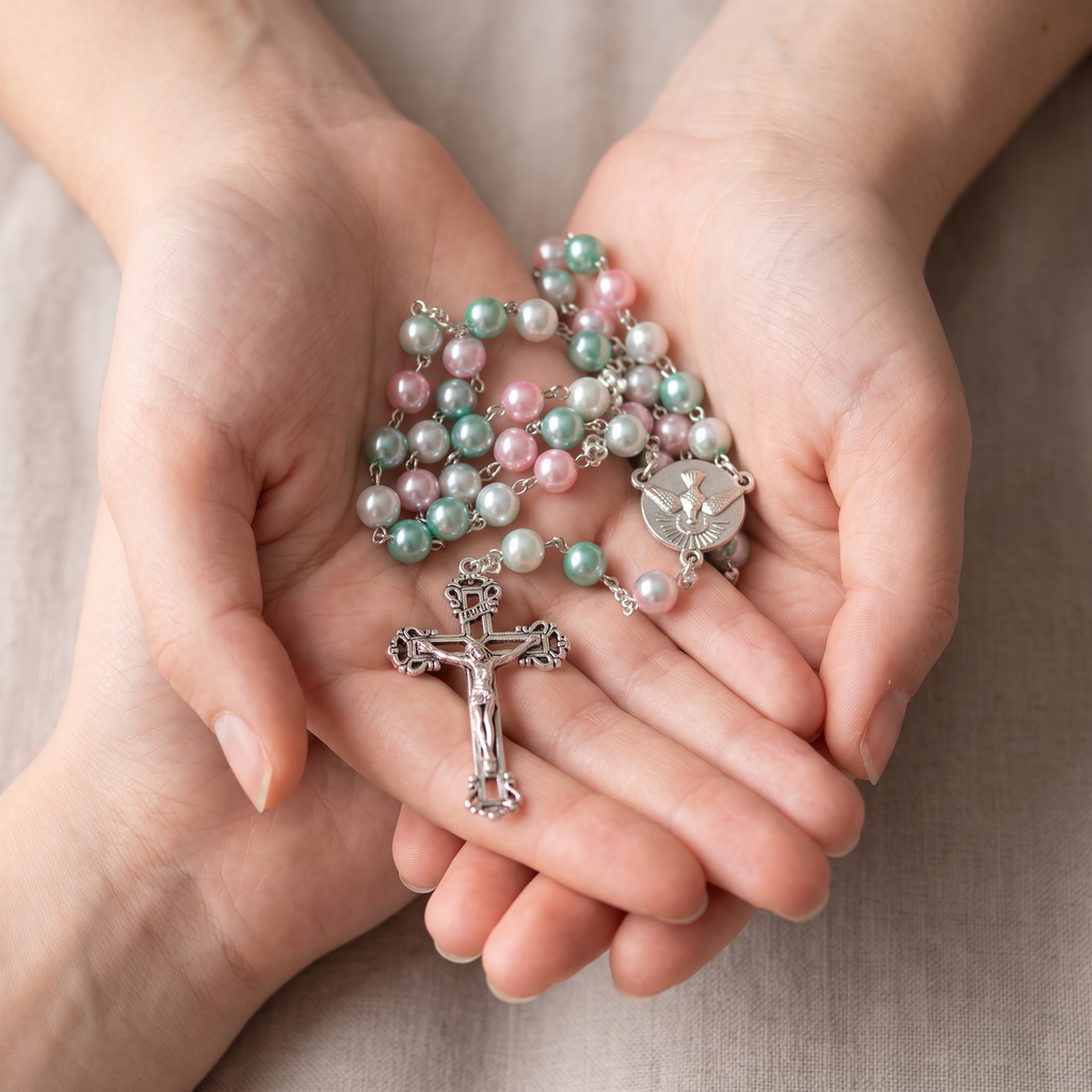 Handmade Pearl Style Traditional Catholic Rosary - Green/Pink