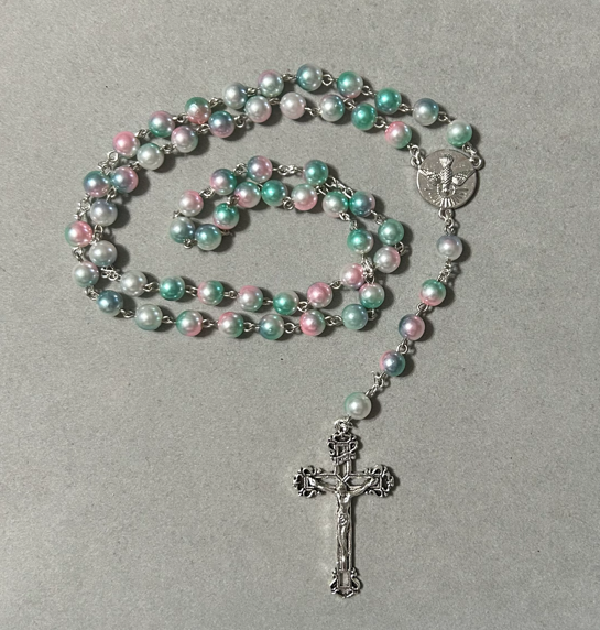 Handmade Pearl Style Traditional Catholic Rosary - Green/Pink