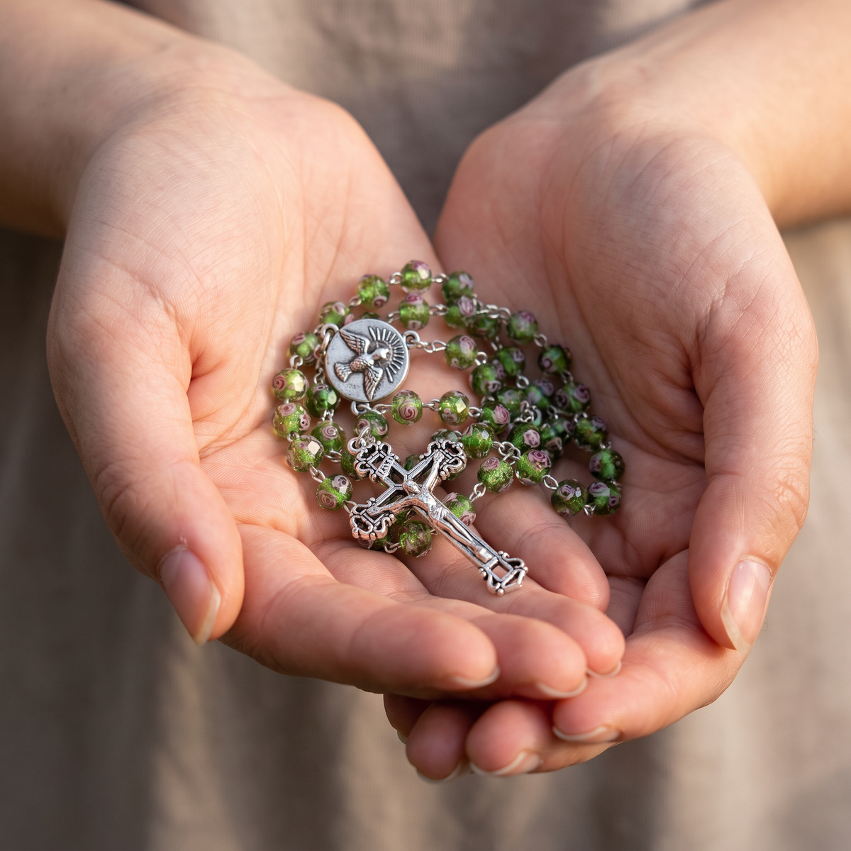 Handmade Glass Traditional Catholic Rosary - Green Rose