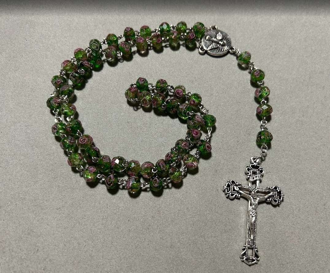 Handmade Glass Traditional Catholic Rosary - Green Rose