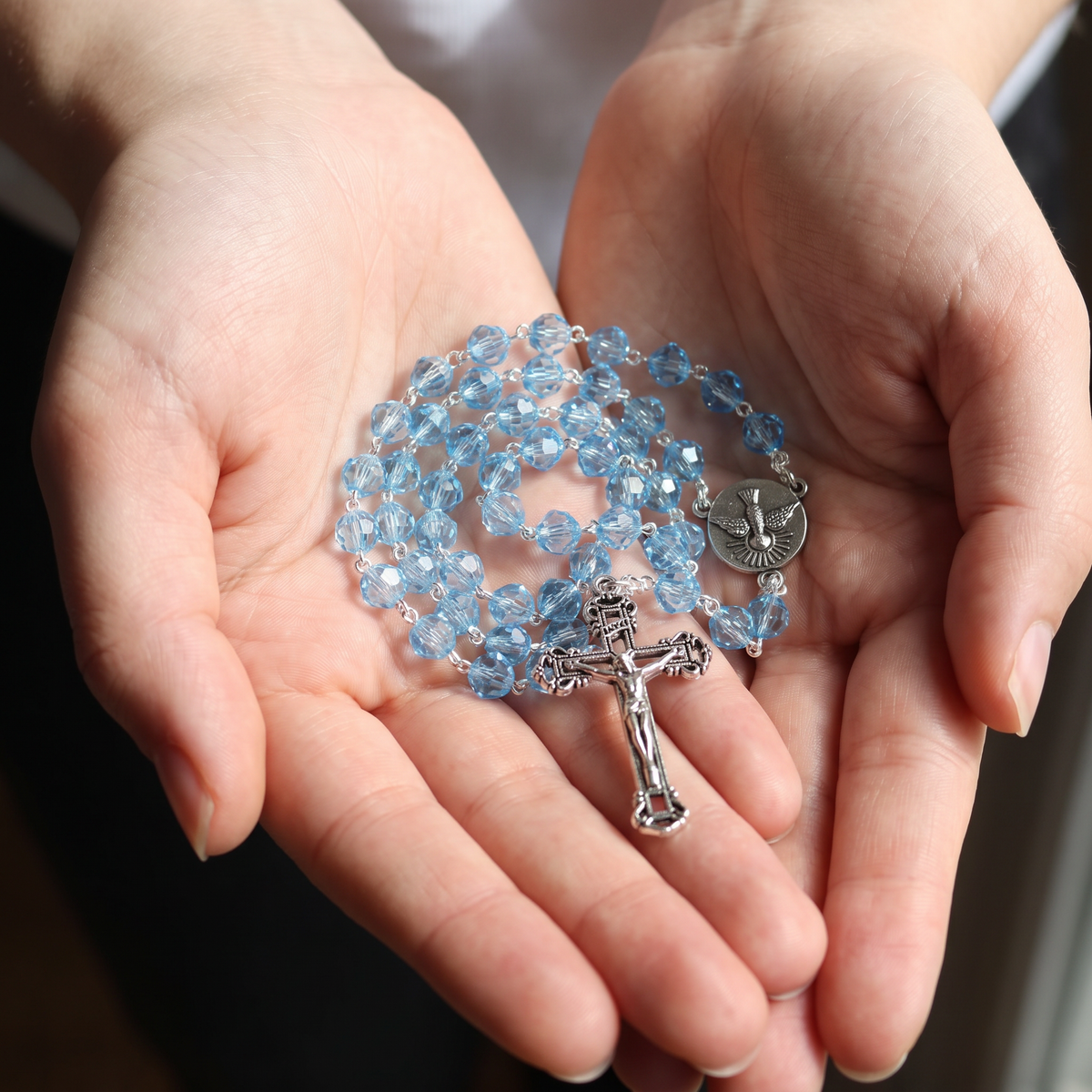 Handmade Faceted Traditional Catholic Rosary - Light Blue