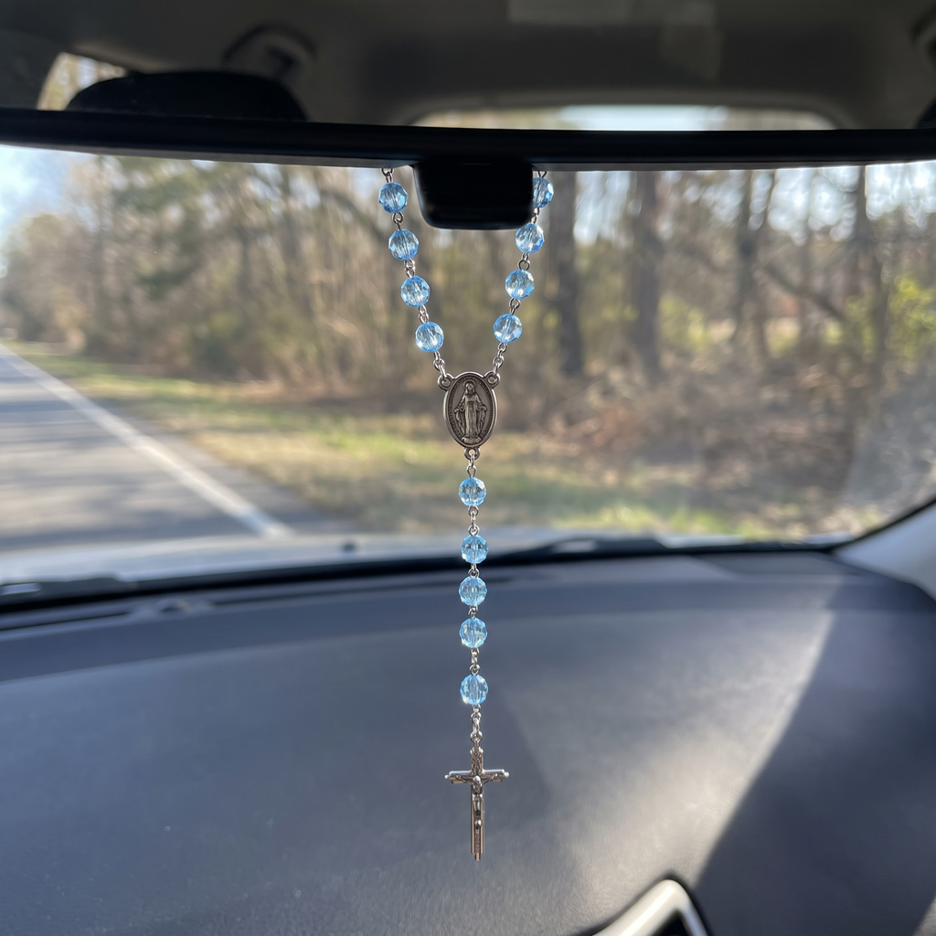 Handmade Faceted Catholic Rosary - Modern Design for Cars - Light Blue