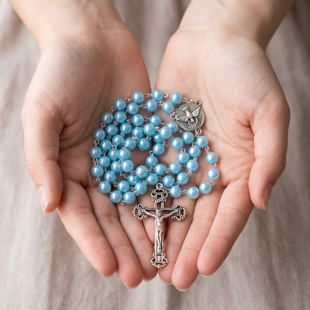 Handmade Pearl Style Traditional Catholic Rosary - Light Blue