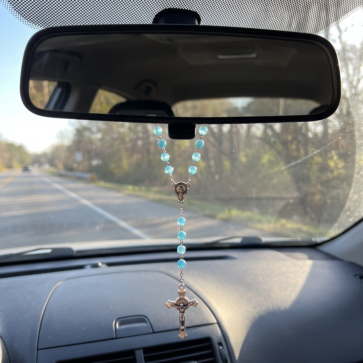 Handmade Pearl Style Catholic Rosary - Modern Design for Cars - Light Blue