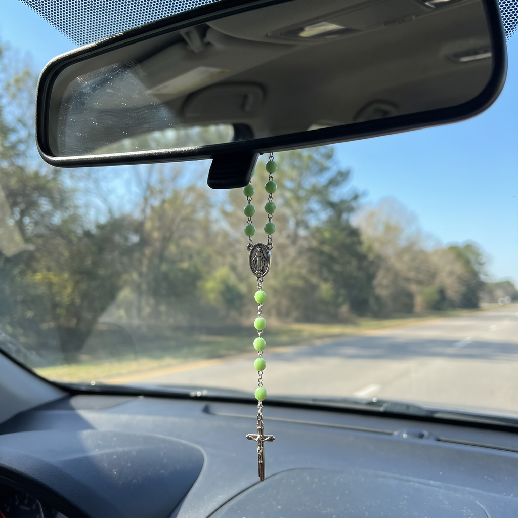 Handmade Faceted Catholic Rosary - Modern Design for Cars - Light Green