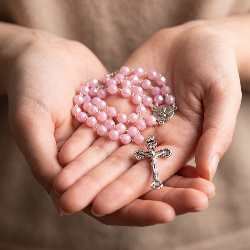 Handmade Faceted Traditional Catholic Rosary - Light Pink #1