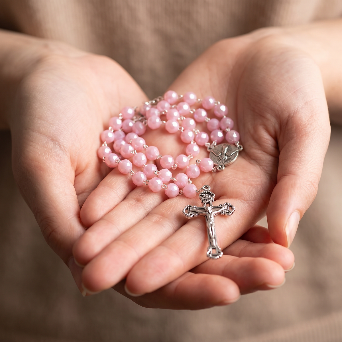 Handmade Faceted Traditional Catholic Rosary - Light Pink #1