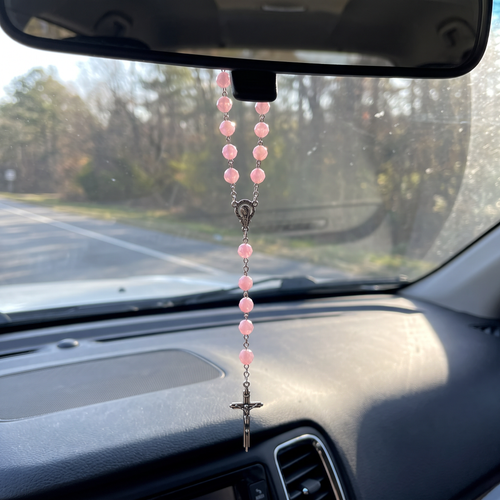 Handmade Faceted Catholic Rosary - Modern Design for Cars - Light Pink #1
