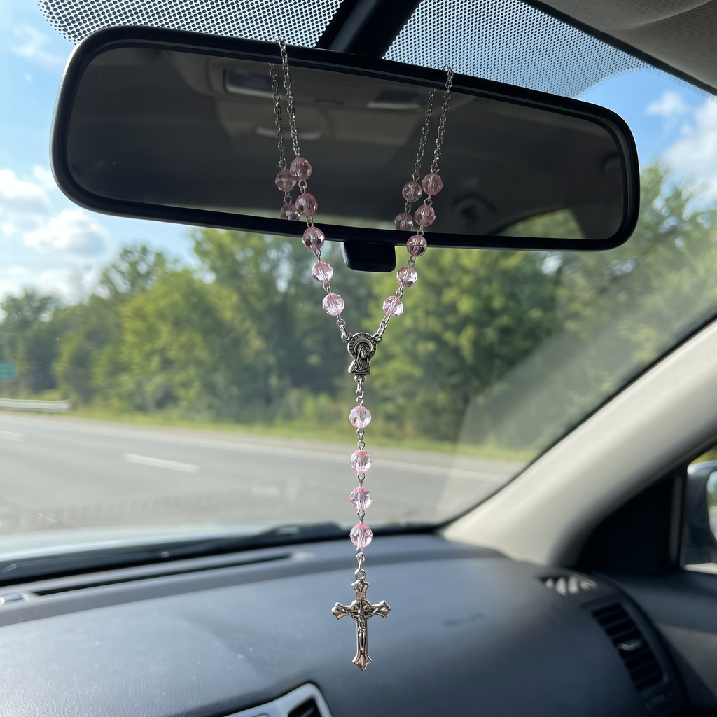 Handmade Faceted Catholic Rosary - Modern Design for Cars - Light Pink #2