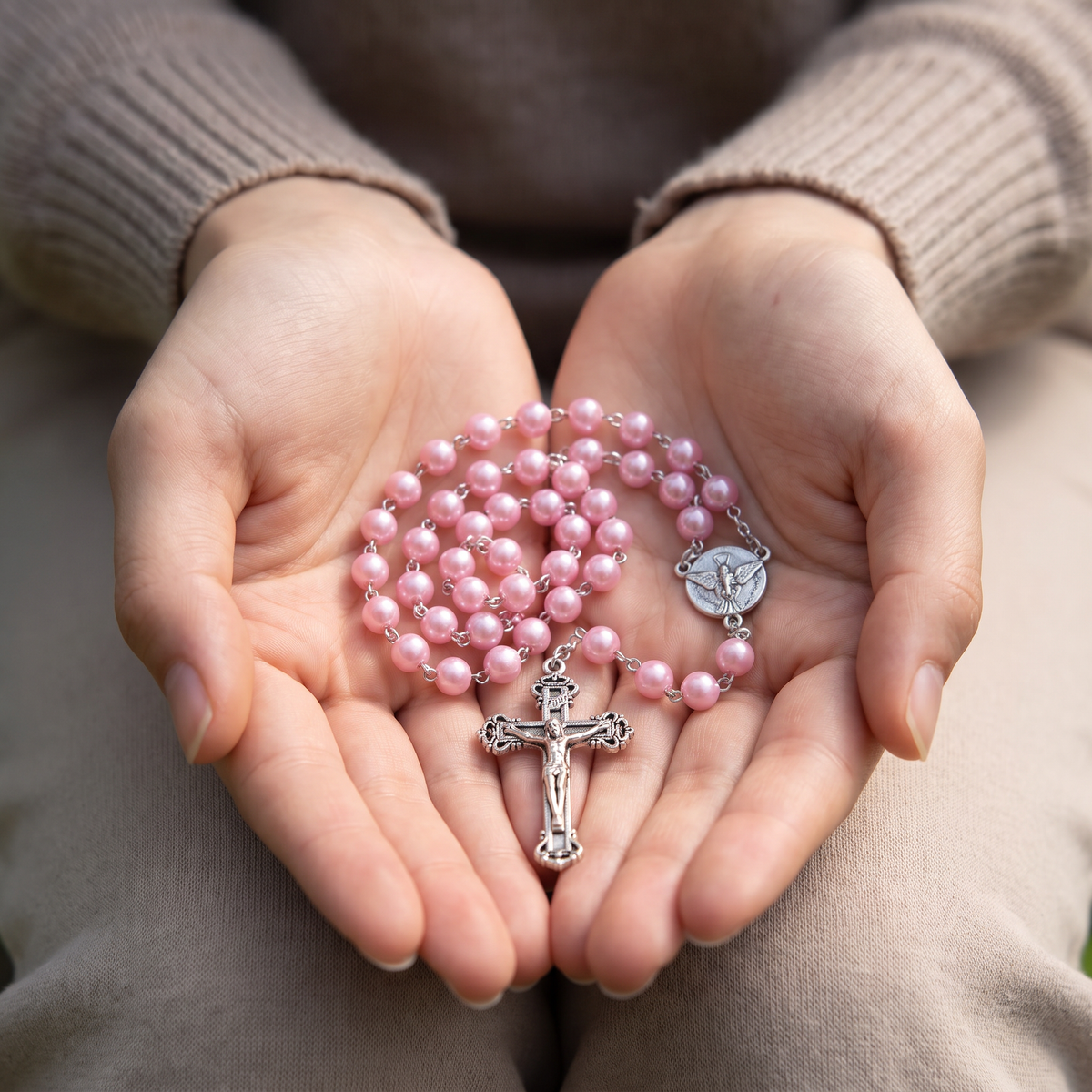 Handmade Pearl Style Traditional Catholic Rosary - Light Pink Pearl
