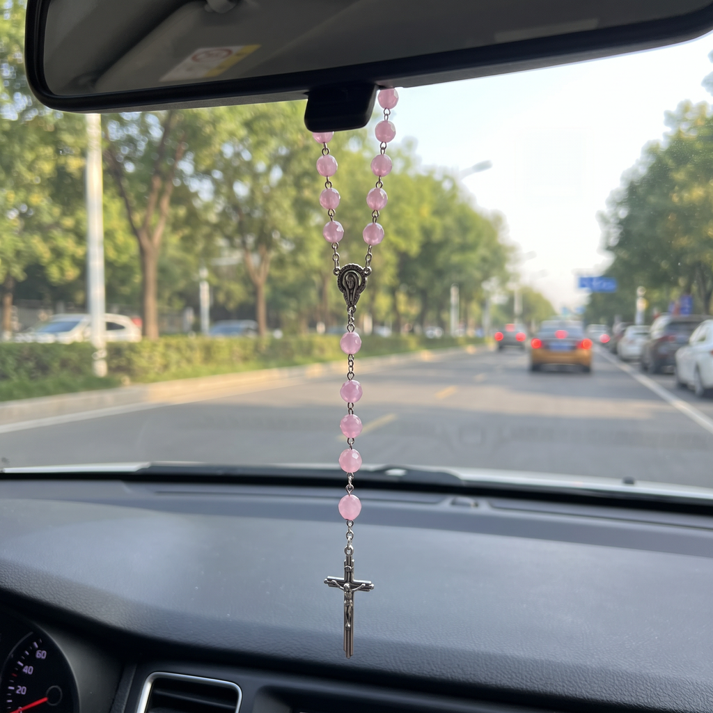 Handmade Pearl Style Catholic Rosary - Modern Design for Cars - Light Pink