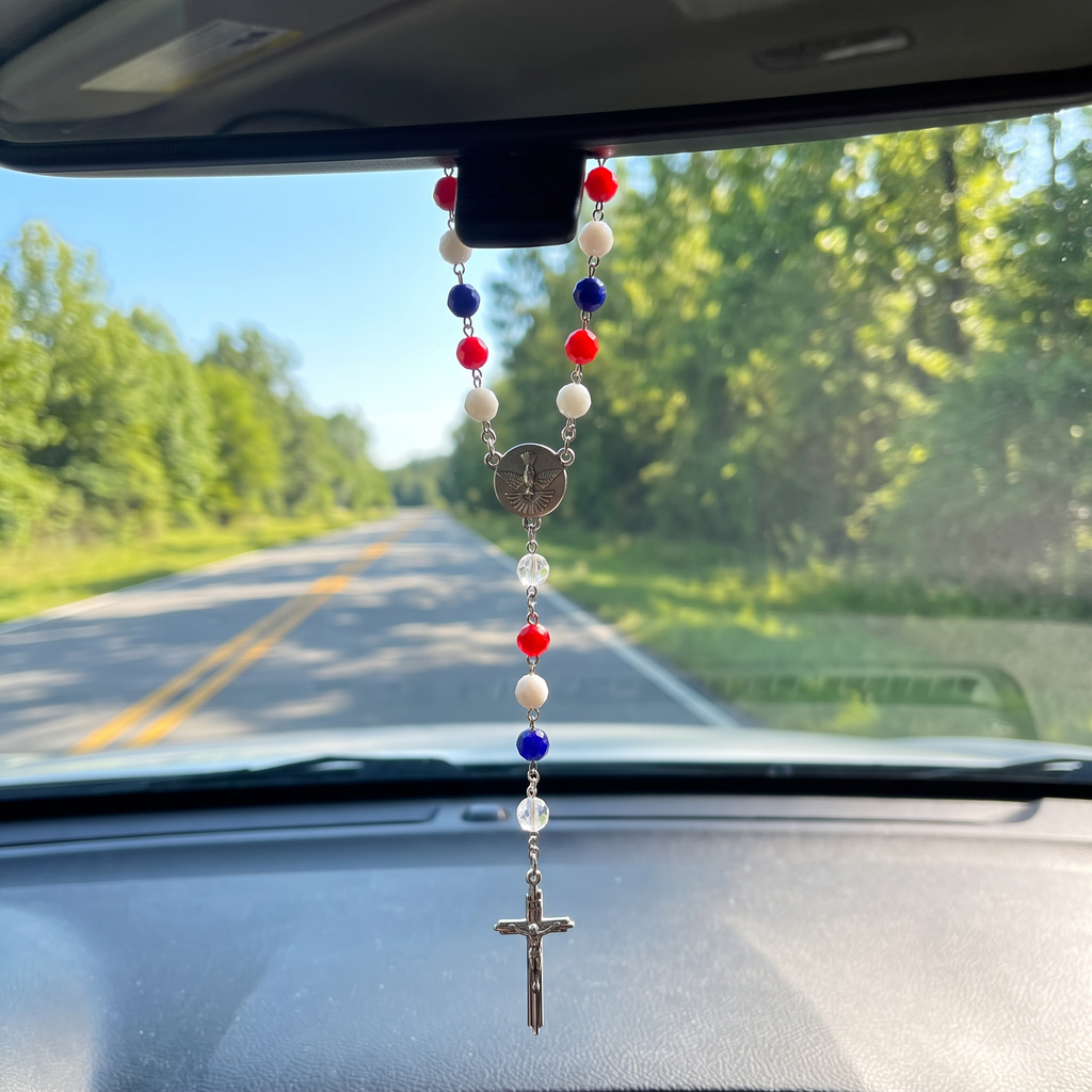 Handmade Faceted Catholic Rosary - Modern Design for Cars - Patriotic