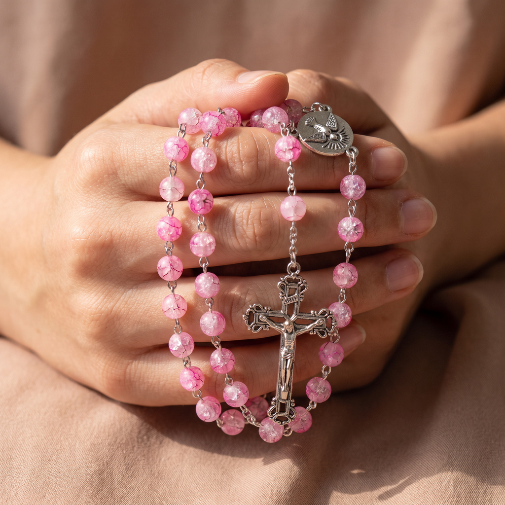 Handmade Glass Traditional Catholic Rosary - Pink/Gold