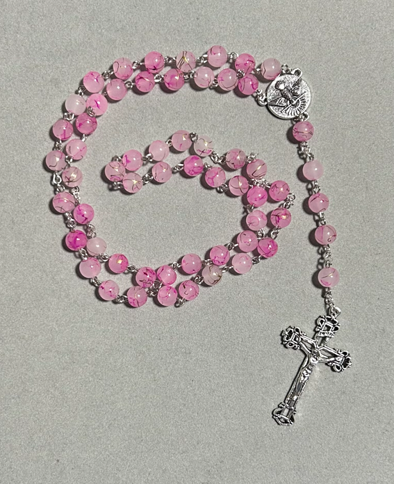 Handmade Glass Traditional Catholic Rosary - Pink/Gold