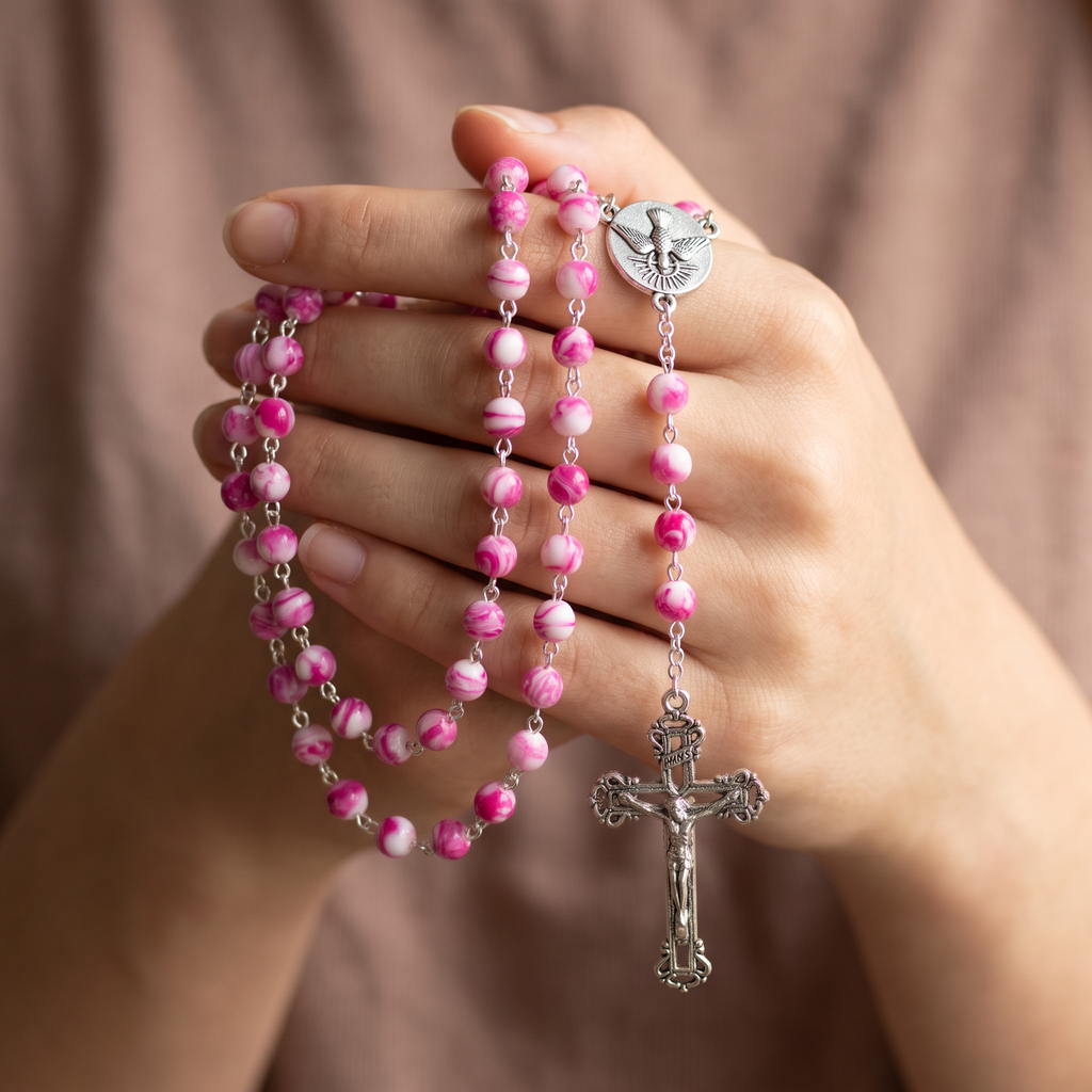 Handmade Marble Style Traditional Catholic Rosary - Pink Swirl