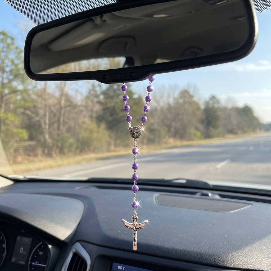 Handmade Pearl Style Catholic Rosary - Modern Design for Cars - Purple
