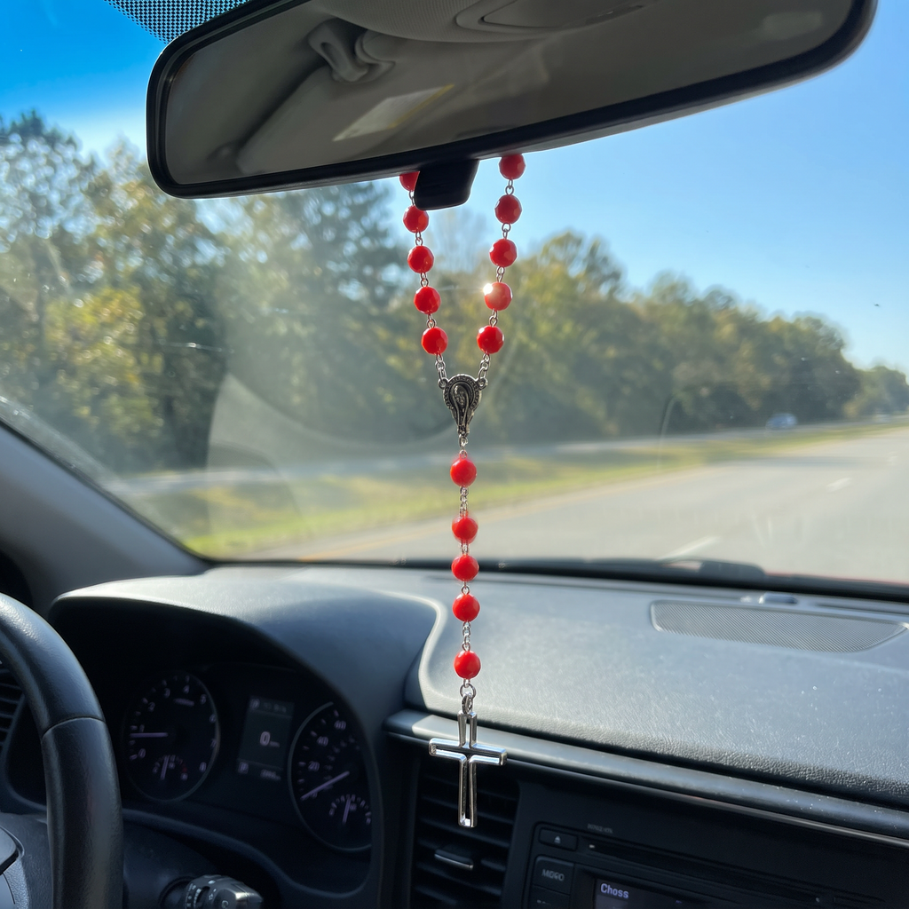 Handmade Faceted Catholic Rosary - Modern Design for Cars - Red #1