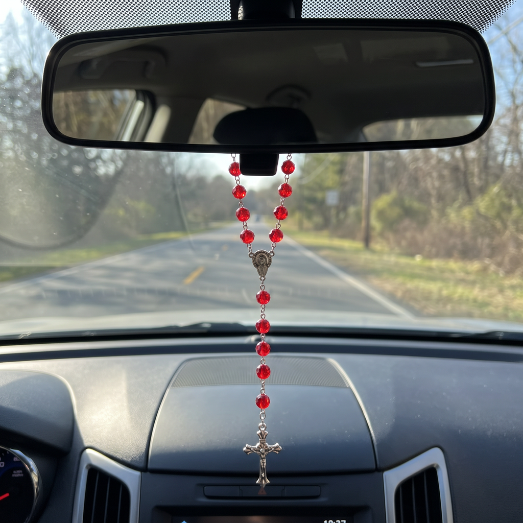 Handmade Faceted Catholic Rosary - Modern Design for Cars - Red #2