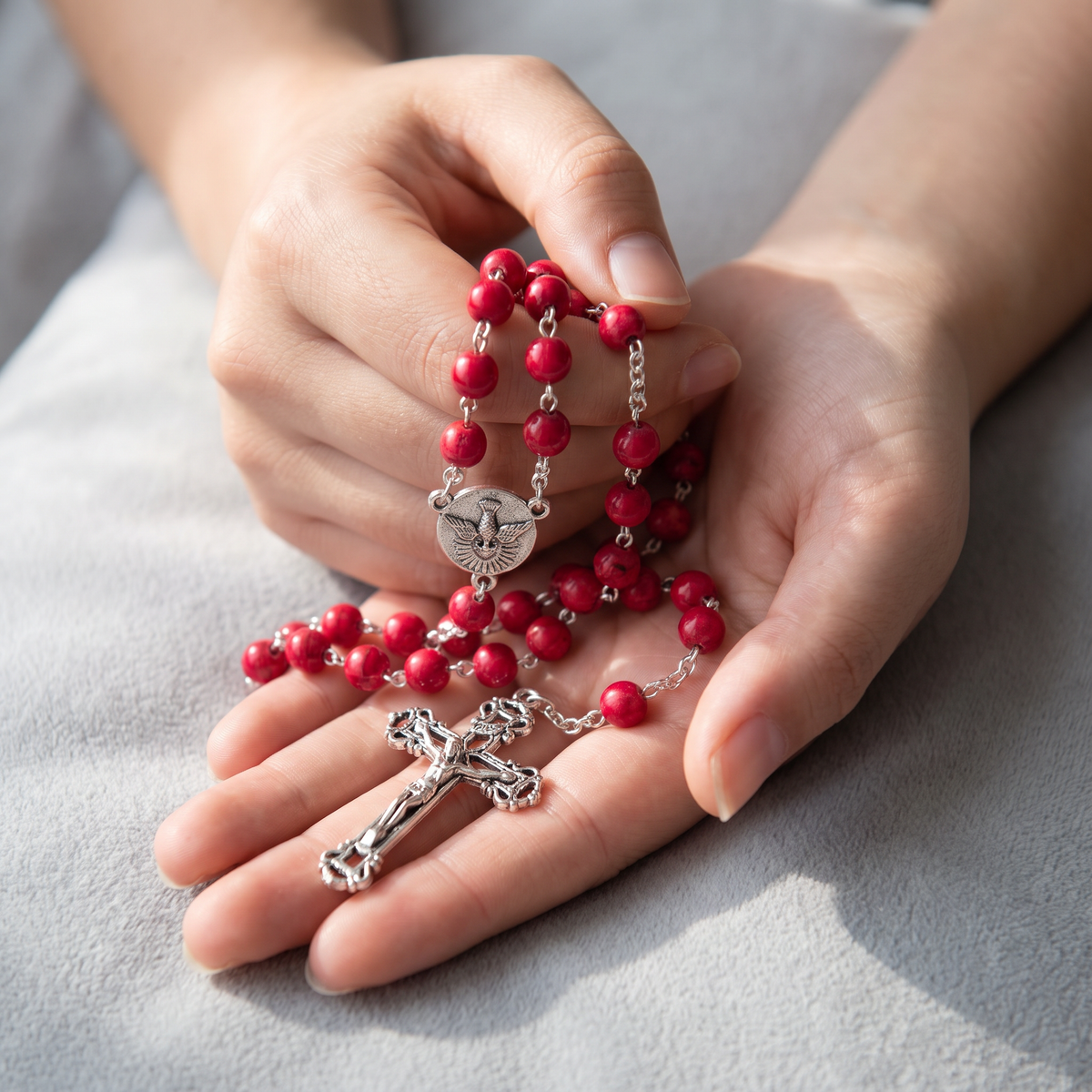 Handmade Pearl Style Traditional Catholic Rosary - Red