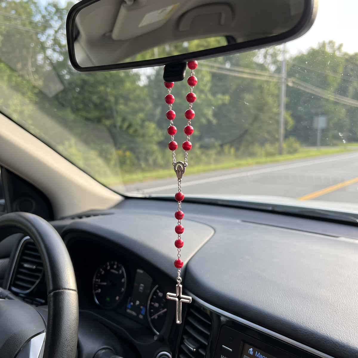 Handmade Pearl Style Catholic Rosary - Modern Design for Cars - Red