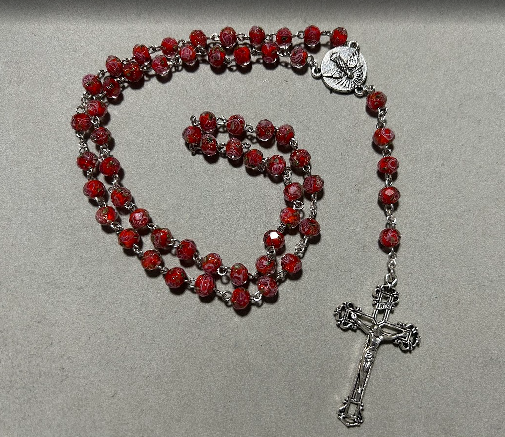Handmade Glass Traditional Catholic Rosary - Red Rose