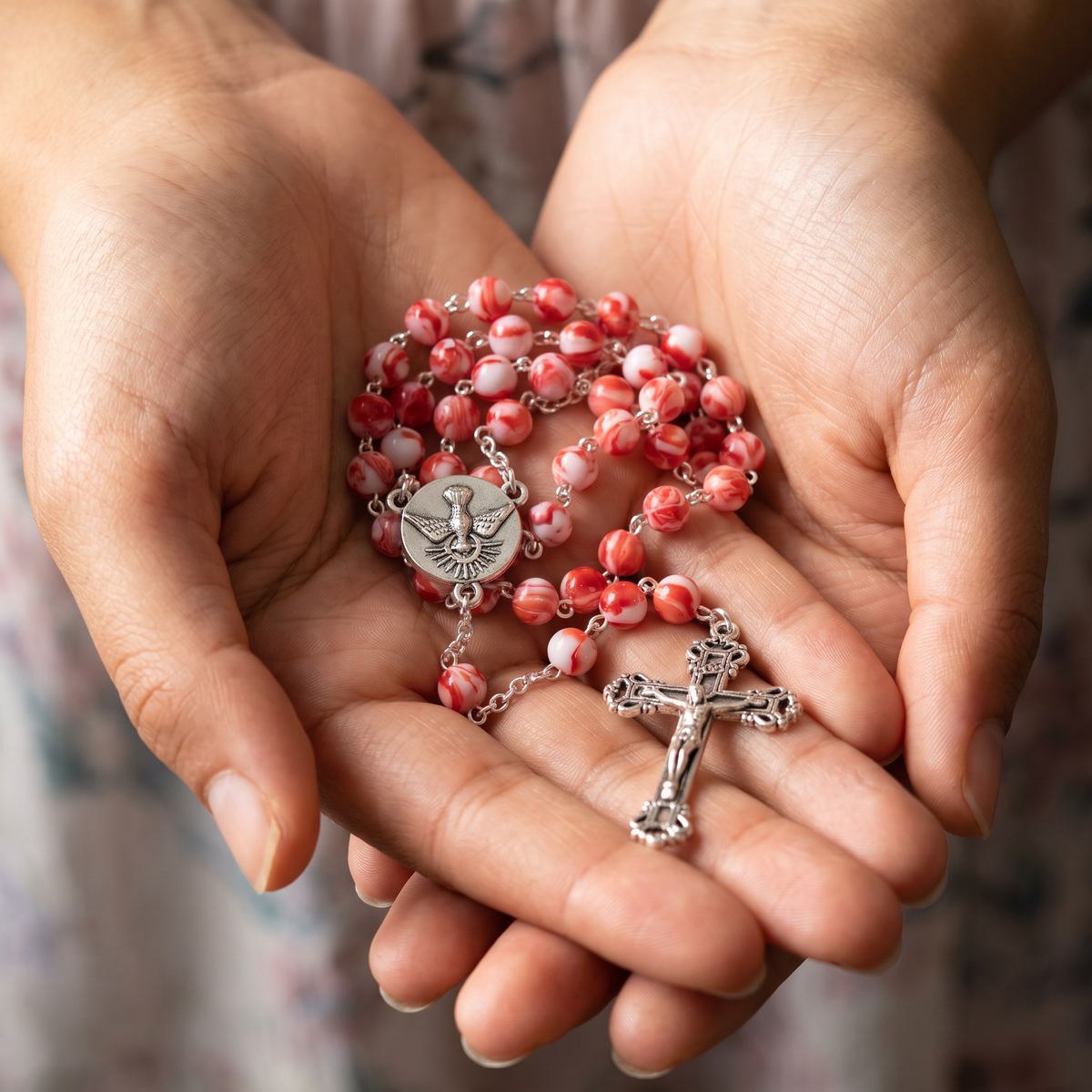 Handmade Marble Style Traditional Catholic Rosary - Red Swirl