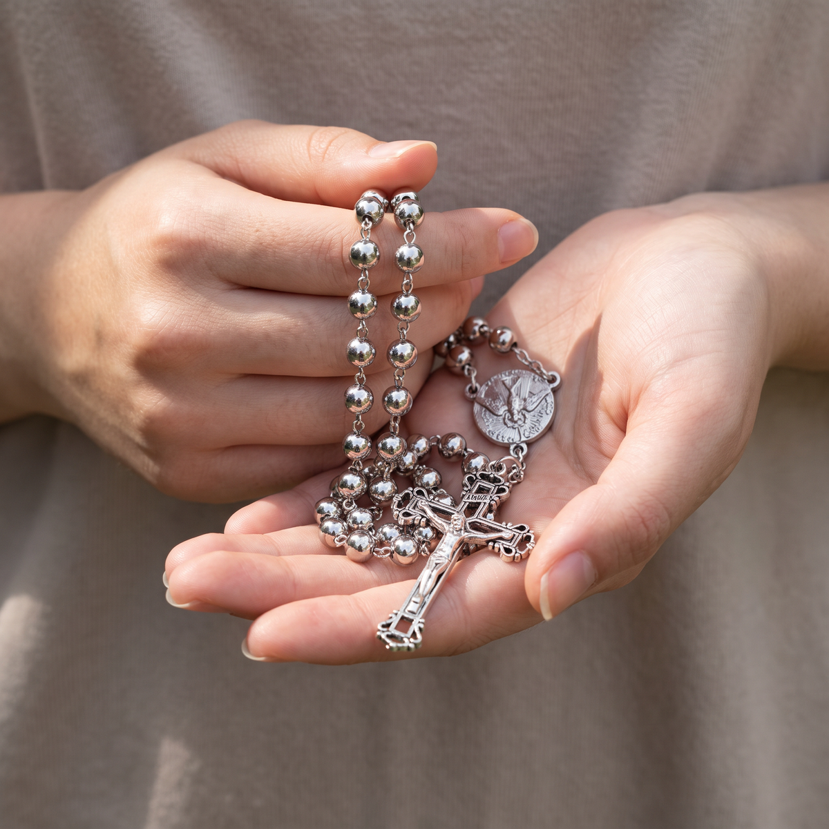 Handmade Traditional Catholic Rosary - Round Silver
