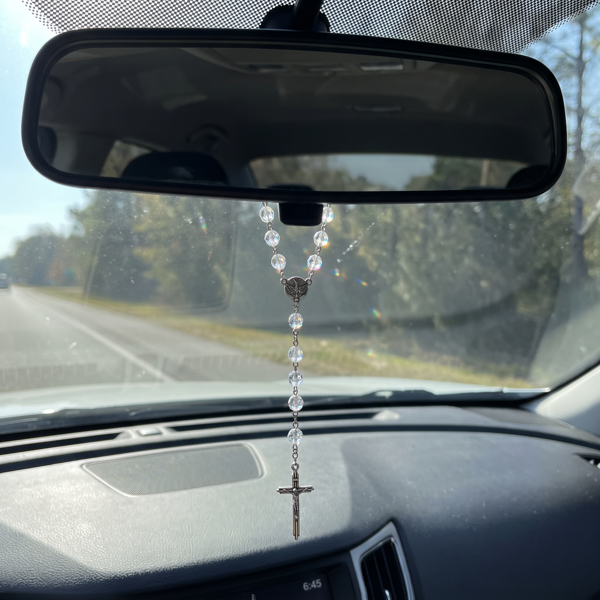 Handmade Faceted Catholic Rosary - Modern Design for Cars - Silver Sparkles