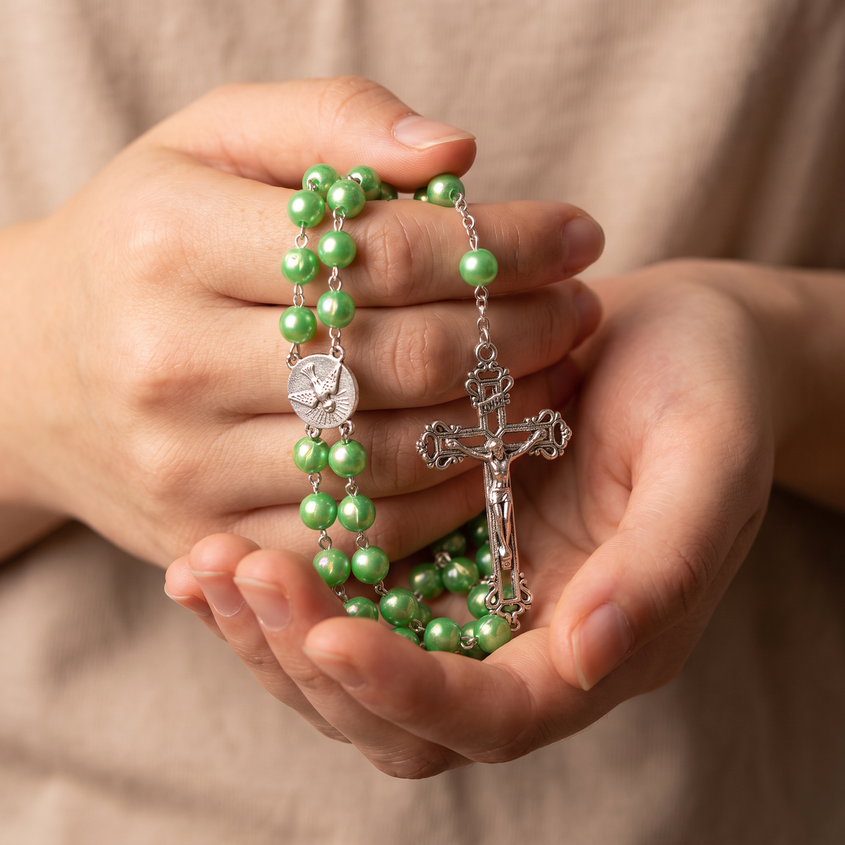 Handmade Pearl Style Traditional Catholic Rosary - Spring Green