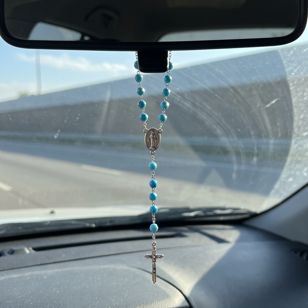 Handmade Faceted Catholic Rosary - Modern Design for Cars - Turquoise
