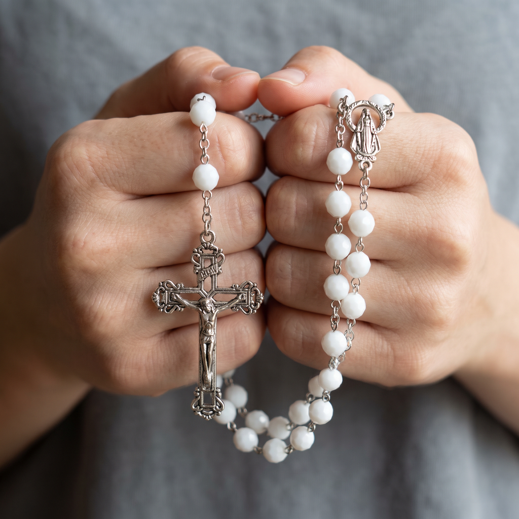 Handmade Faceted Traditional Catholic Rosary - White